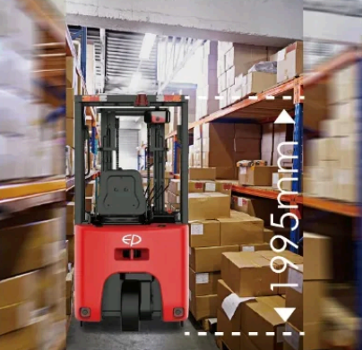 Compatto da 1,5 tonnellate 3 ruote contrappeso elettrico carrello elevatore a soffitto basso Cargo Cargo Utilizzo Caricatore Li-ion incorporato Opportunità di ricarica carrello elevatore